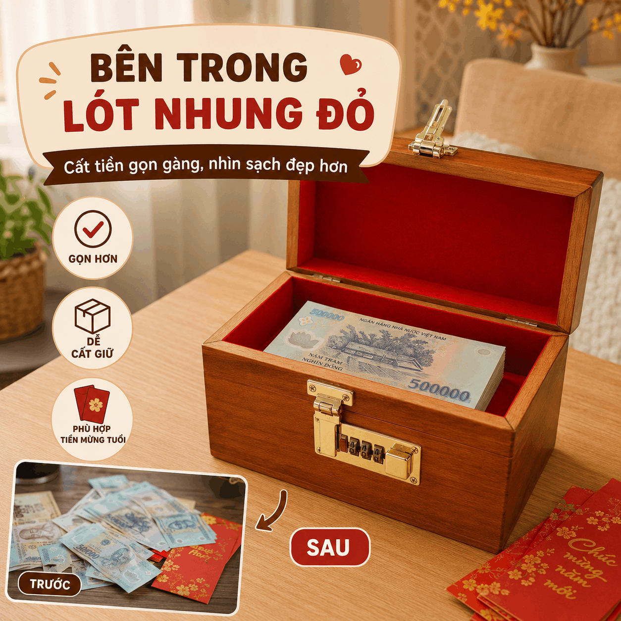 Hộp Tiết Kiệm Cho Bé Mẫu Mèo Và Chuột Dễ Thương – Gỗ Hương, Khóa Số