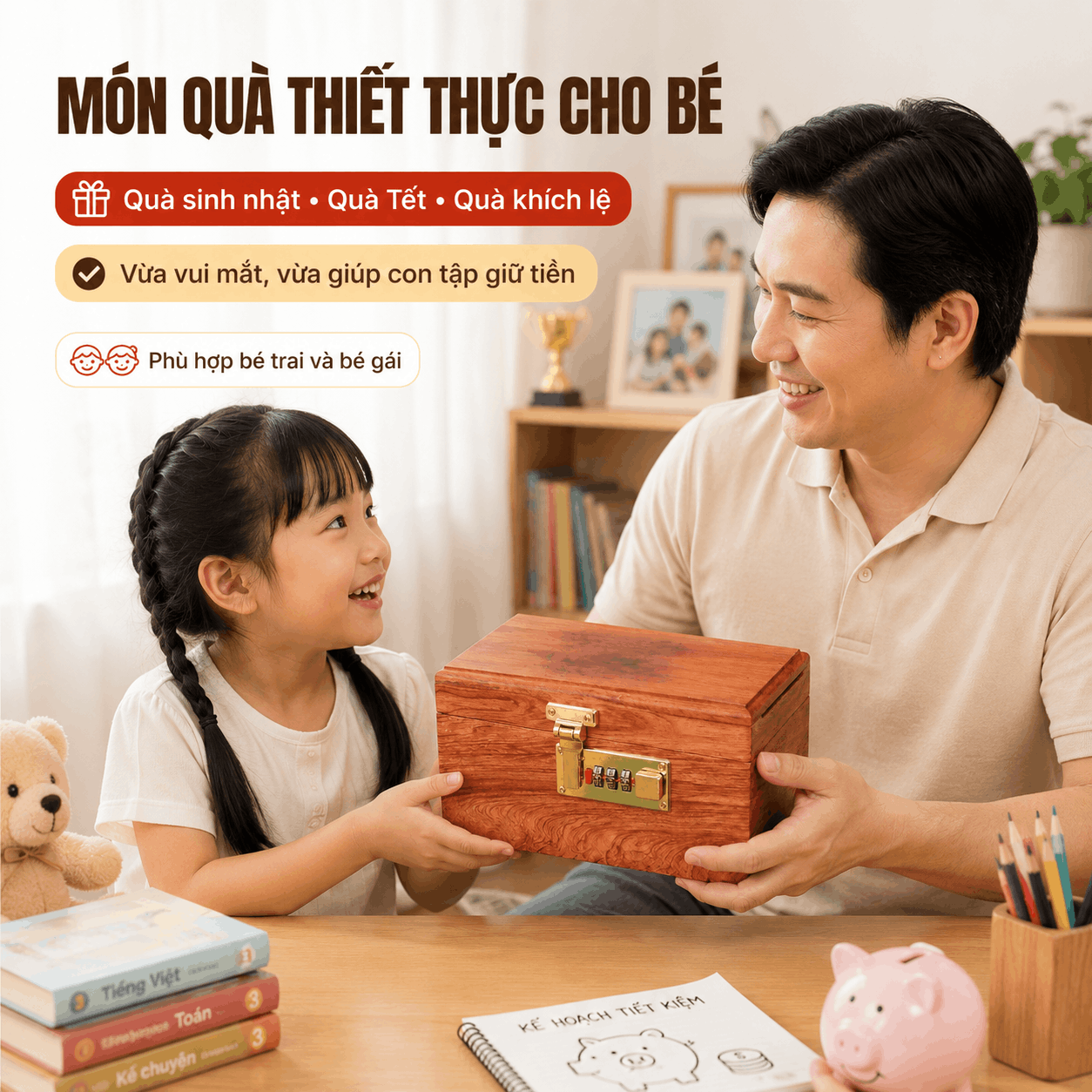 Hộp Tiết Kiệm Cho Bé Mẫu Vịt Donald Và Chuột Mickey – Gỗ Hương, Khóa Số