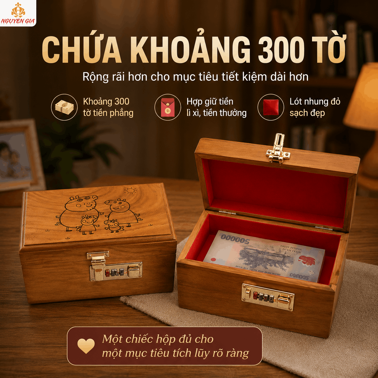 Hộp Tiết Kiệm Cho Bé Mẫu Gia Đình Heo Dễ Thương – Gỗ Hương, Khóa Số