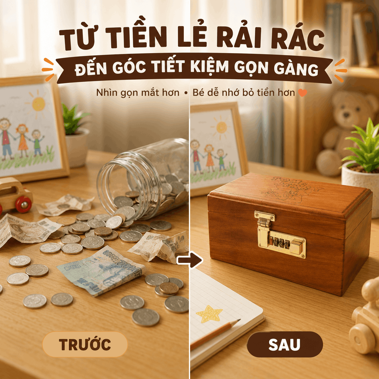 Hộp Tiết Kiệm Cho Bé Mẫu Mèo Và Chuột Dễ Thương – Gỗ Hương, Khóa Số