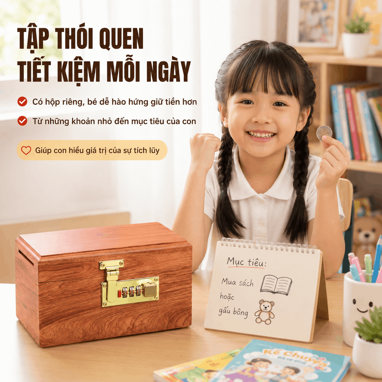 Hộp Tiết Kiệm Cho Bé Mẫu Vịt Donald Và Chuột Mickey – Gỗ Hương, Khóa Số