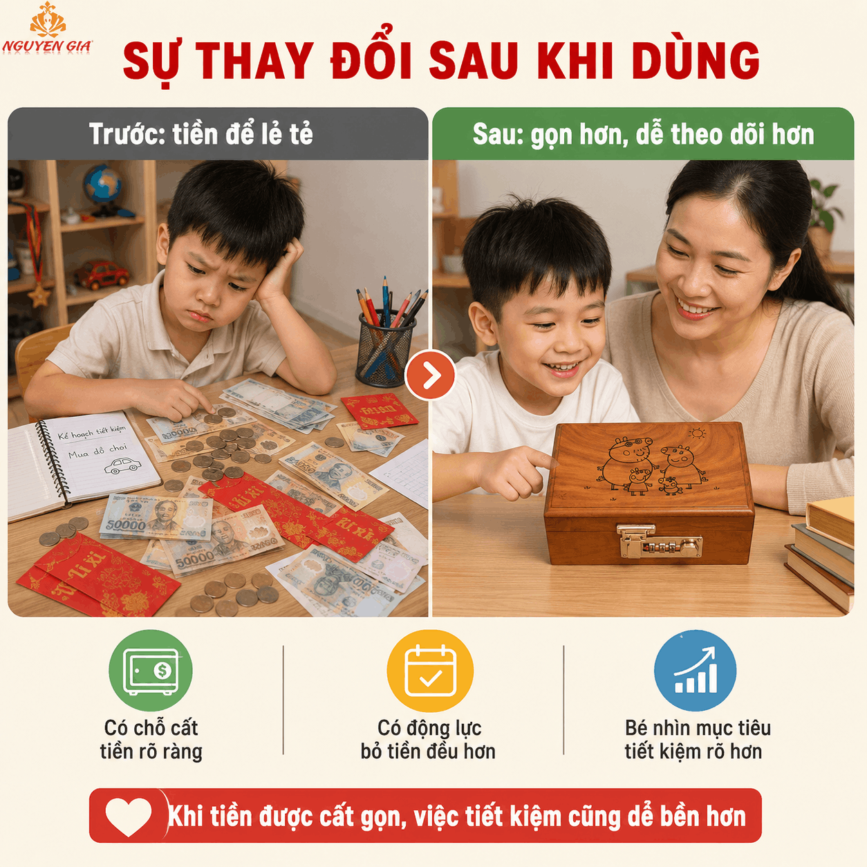 Hộp Tiết Kiệm Cho Bé Mẫu Gia Đình Heo Dễ Thương – Gỗ Hương, Khóa Số