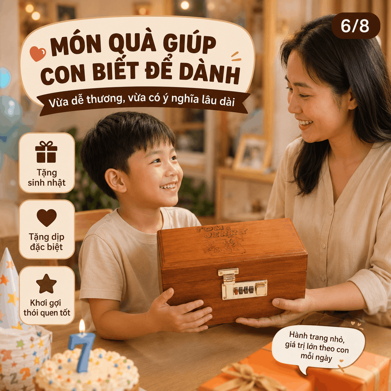 Hộp Tiết Kiệm Cho Bé Mẫu Mèo Và Chuột Dễ Thương – Gỗ Hương, Khóa Số