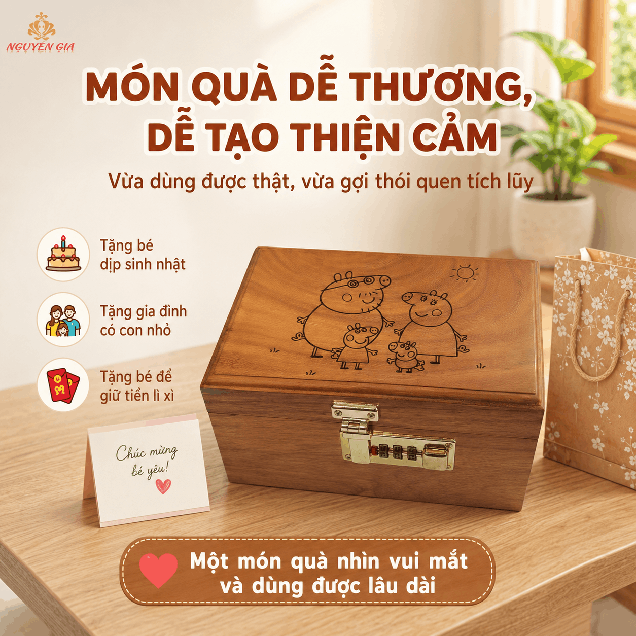 Hộp Tiết Kiệm Cho Bé Mẫu Gia Đình Heo Dễ Thương – Gỗ Hương, Khóa Số