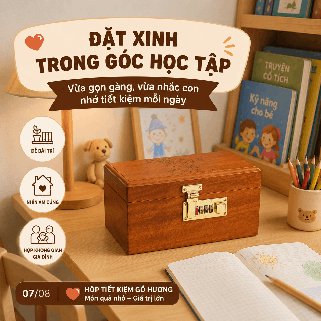 Hộp Tiết Kiệm Cho Bé Mẫu Mèo Và Chuột Dễ Thương – Gỗ Hương, Khóa Số