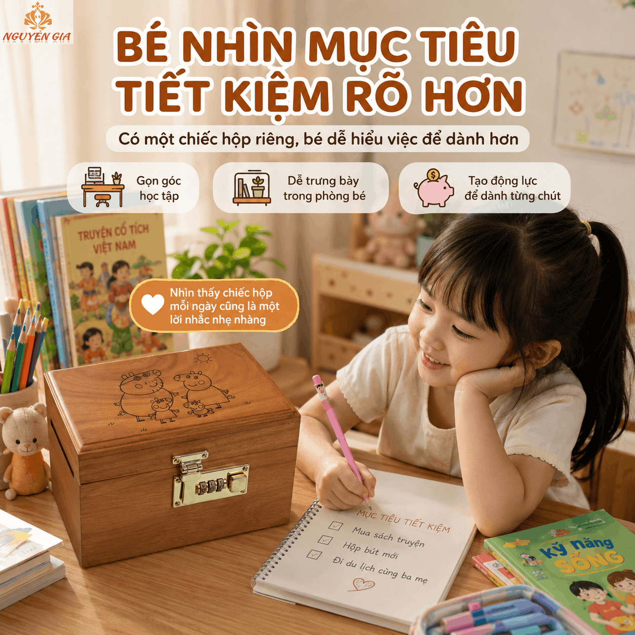 Hộp Tiết Kiệm Cho Bé Mẫu Gia Đình Heo Dễ Thương – Gỗ Hương, Khóa Số