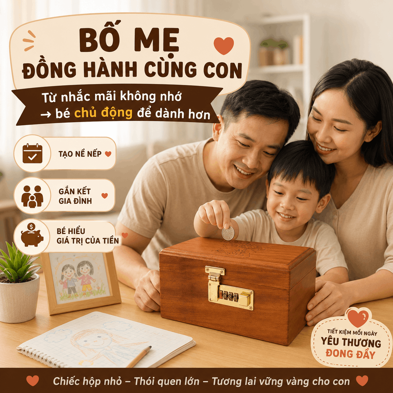 Hộp Tiết Kiệm Cho Bé Mẫu Mèo Và Chuột Dễ Thương – Gỗ Hương, Khóa Số
