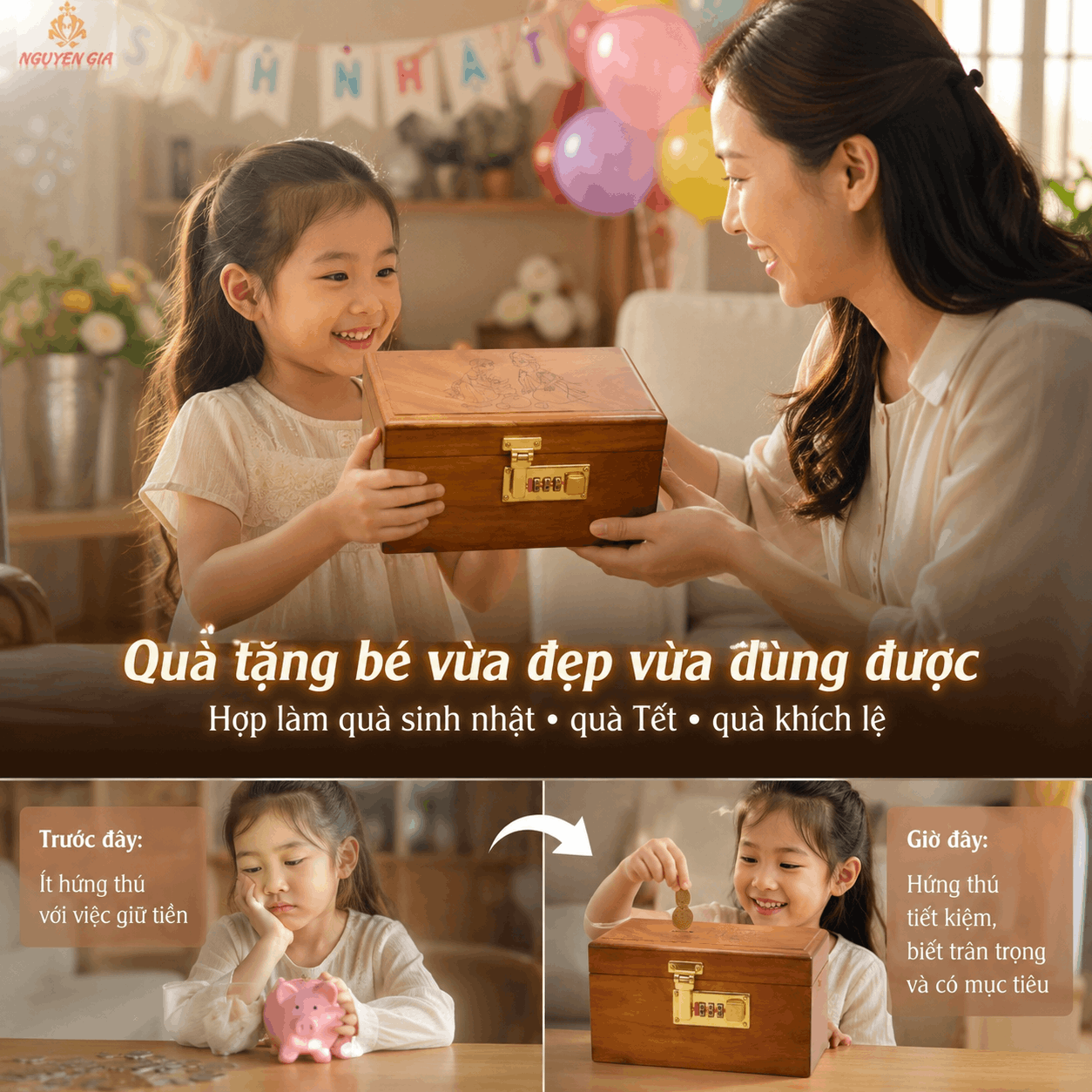 Hộp Tiết Kiệm Cho Bé Mẫu Công Chúa Tuyết – Gỗ Hương, Khóa Số