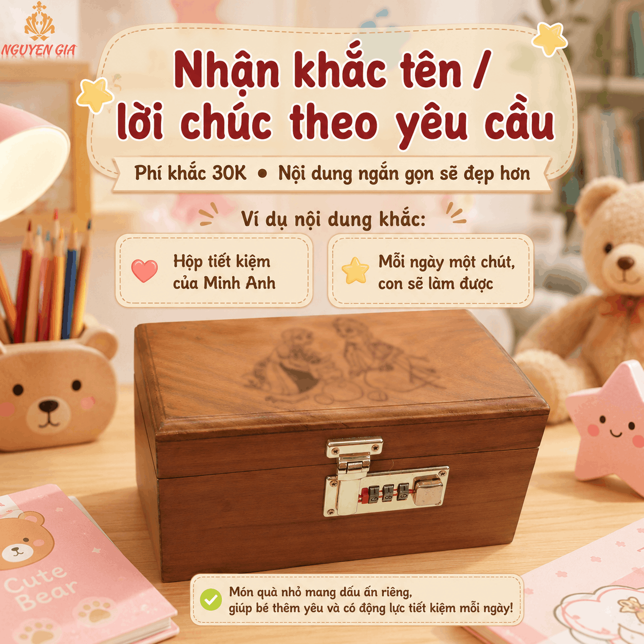 Hộp Tiết Kiệm Cho Bé Mẫu Công Chúa Tuyết – Gỗ Hương, Khóa Số
