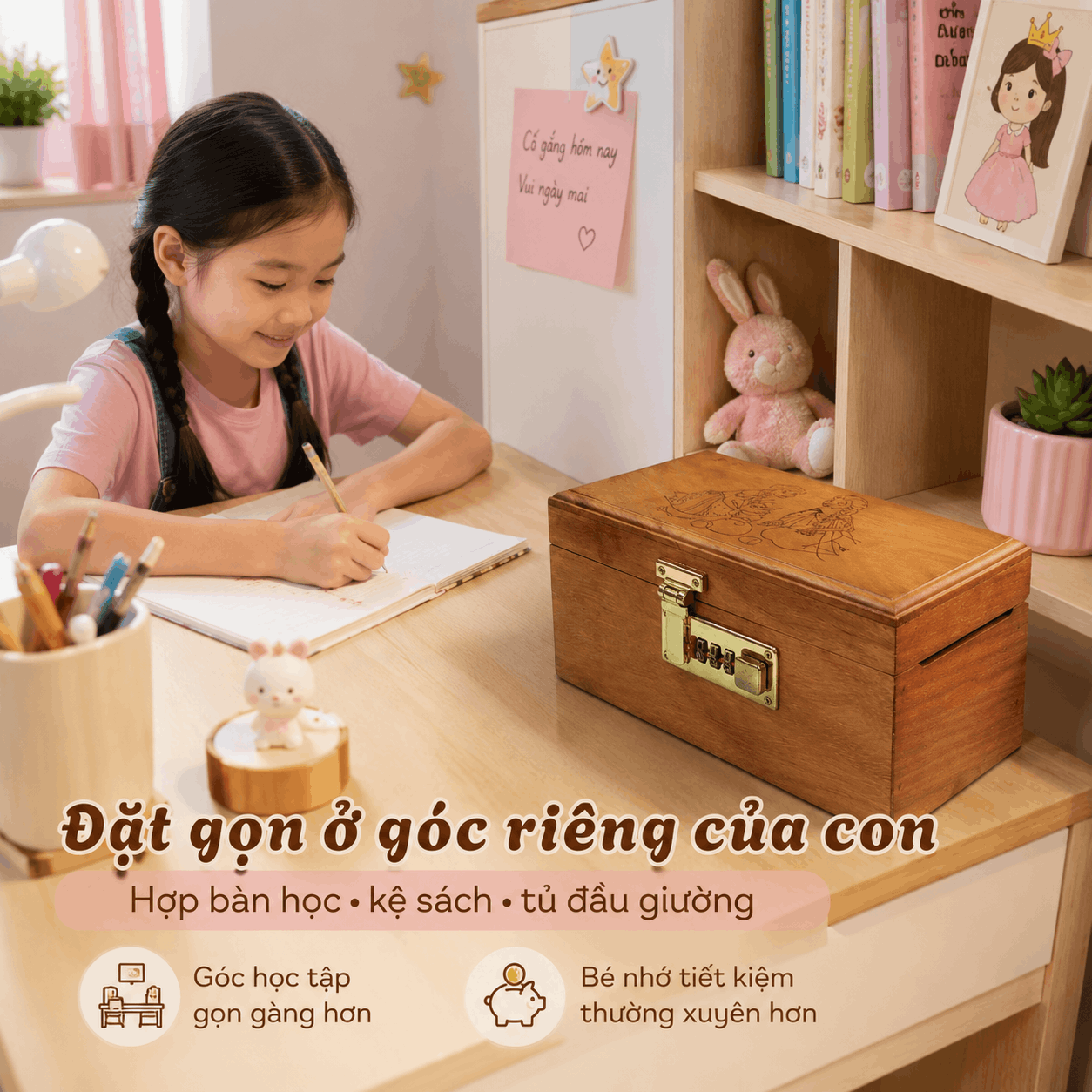 Hộp Tiết Kiệm Cho Bé Mẫu Công Chúa Tuyết – Gỗ Hương, Khóa Số