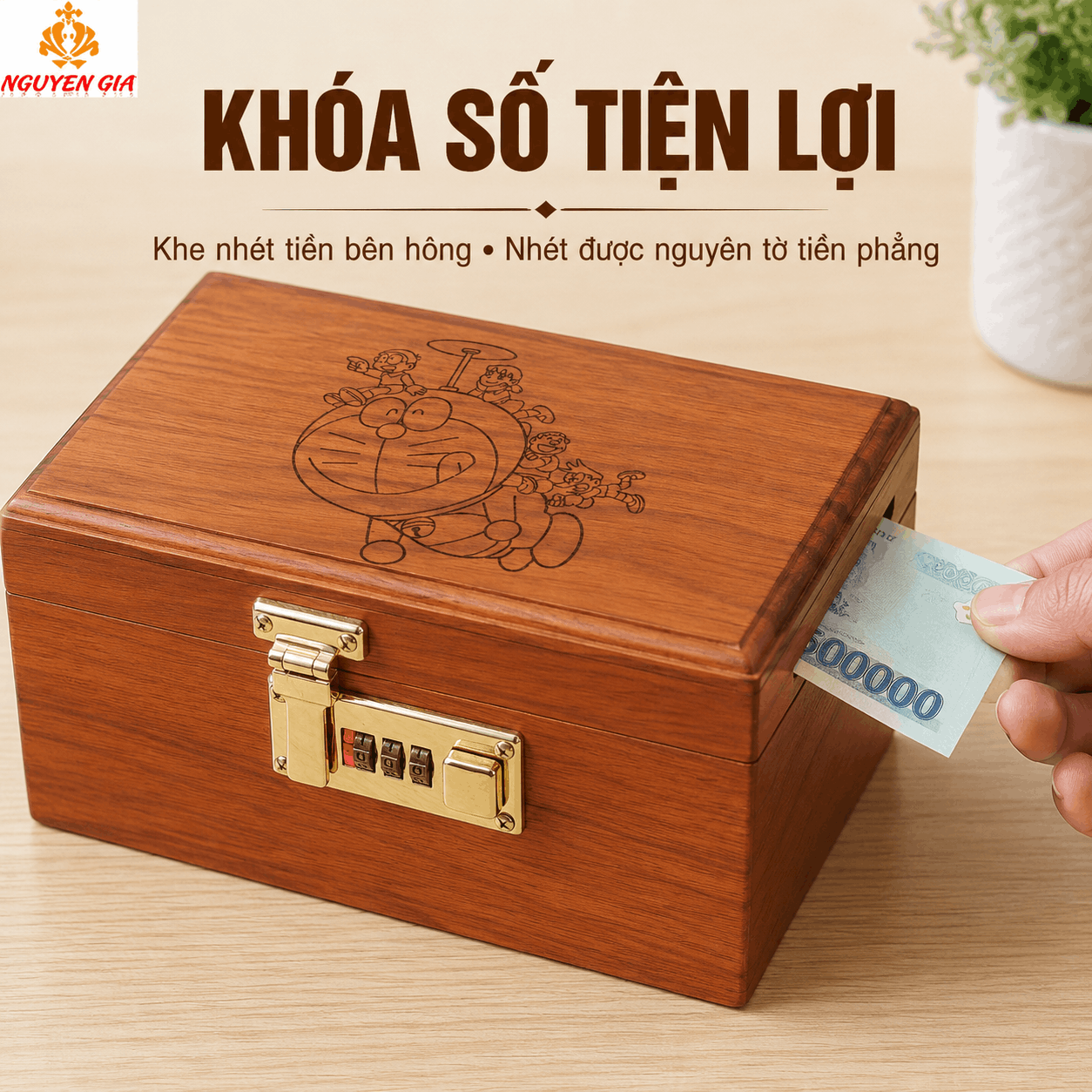 Hộp Tiết Kiệm Cho Bé Mẫu Doremon – Gỗ Hương, Khóa Số