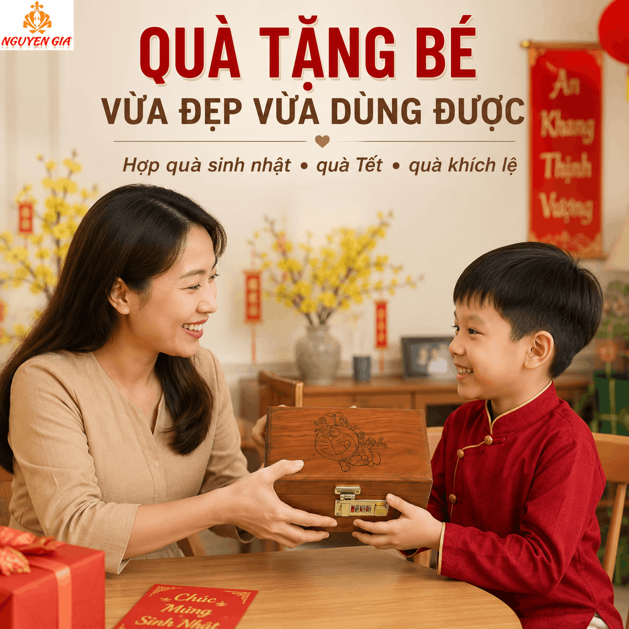 Hộp Tiết Kiệm Cho Bé Mẫu Doremon – Gỗ Hương, Khóa Số