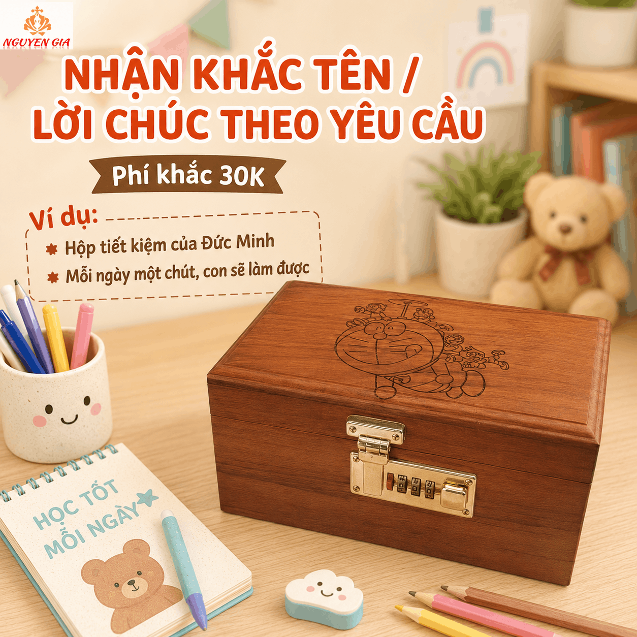 Hộp Tiết Kiệm Cho Bé Mẫu Doremon – Gỗ Hương, Khóa Số