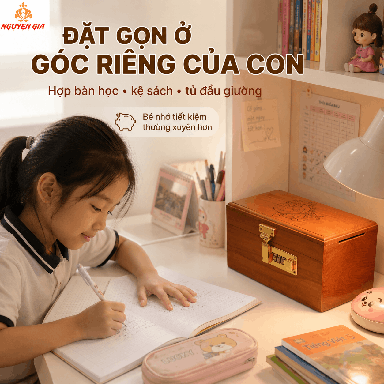 Hộp Tiết Kiệm Cho Bé Mẫu Doremon – Gỗ Hương, Khóa Số