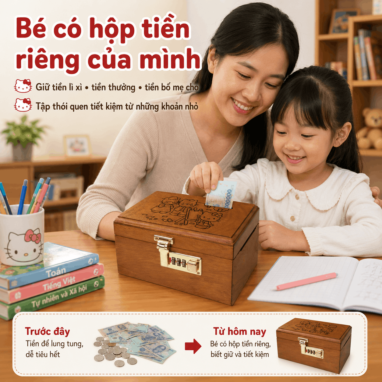 Hộp Tiết Kiệm Cho Bé Mẫu Gia Đình Hello Kitty – Gỗ Hương, Khóa Số