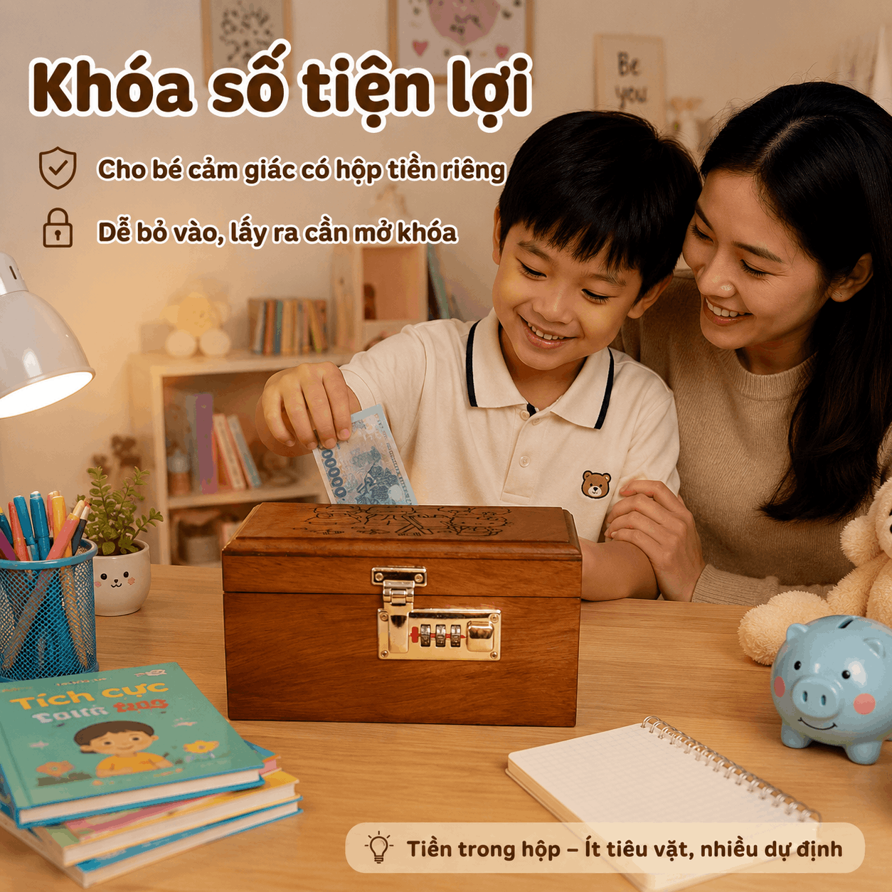 Hộp Tiết Kiệm Cho Bé Mẫu Gia Đình Hello Kitty – Gỗ Hương, Khóa Số