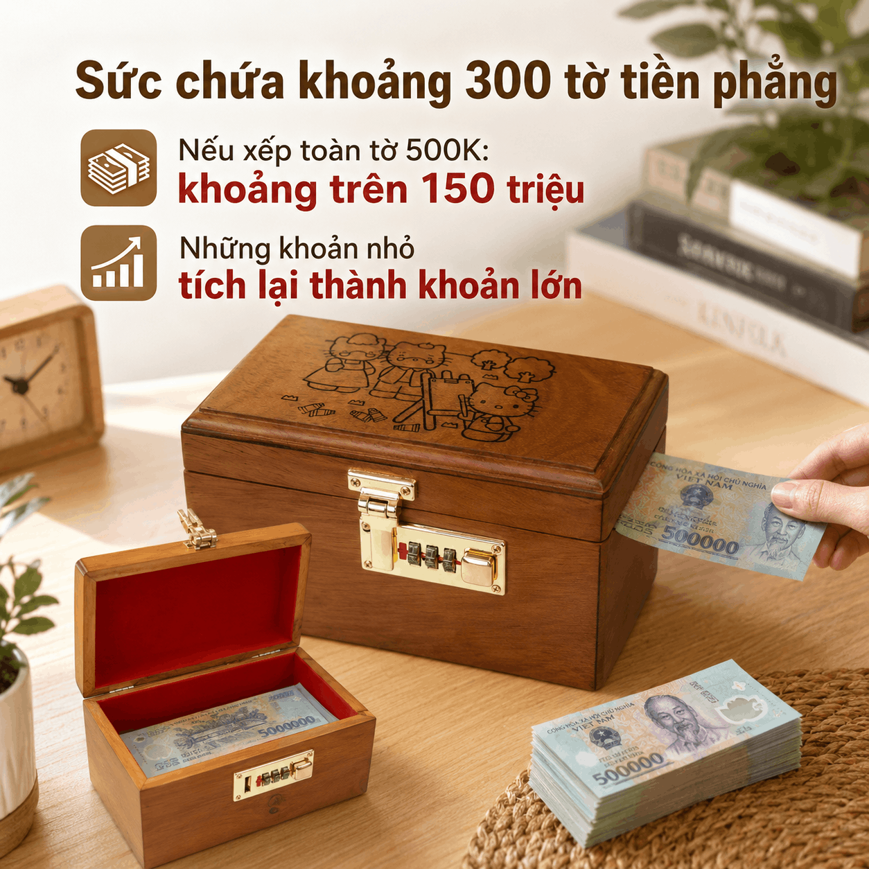 Hộp Tiết Kiệm Cho Bé Mẫu Gia Đình Hello Kitty – Gỗ Hương, Khóa Số