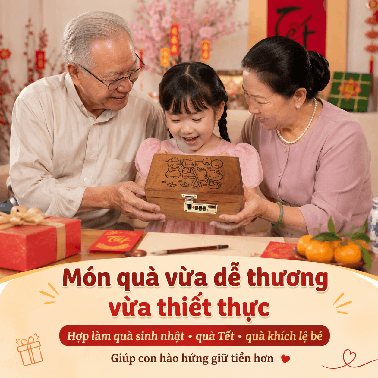 Hộp Tiết Kiệm Cho Bé Mẫu Gia Đình Hello Kitty – Gỗ Hương, Khóa Số