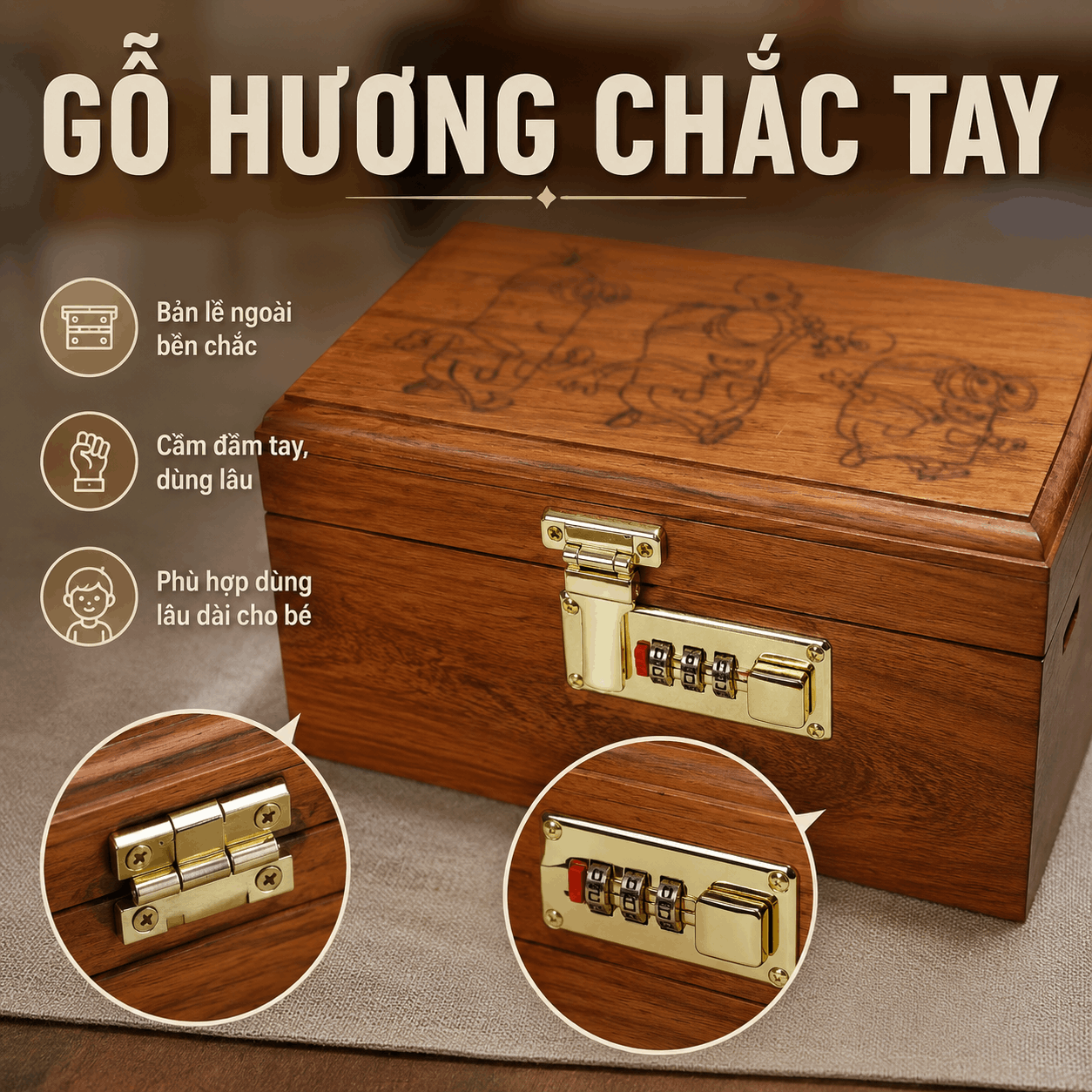 Hộp Tiết Kiệm Cho Bé Mẫu Minions – Gỗ Hương, Khóa Số