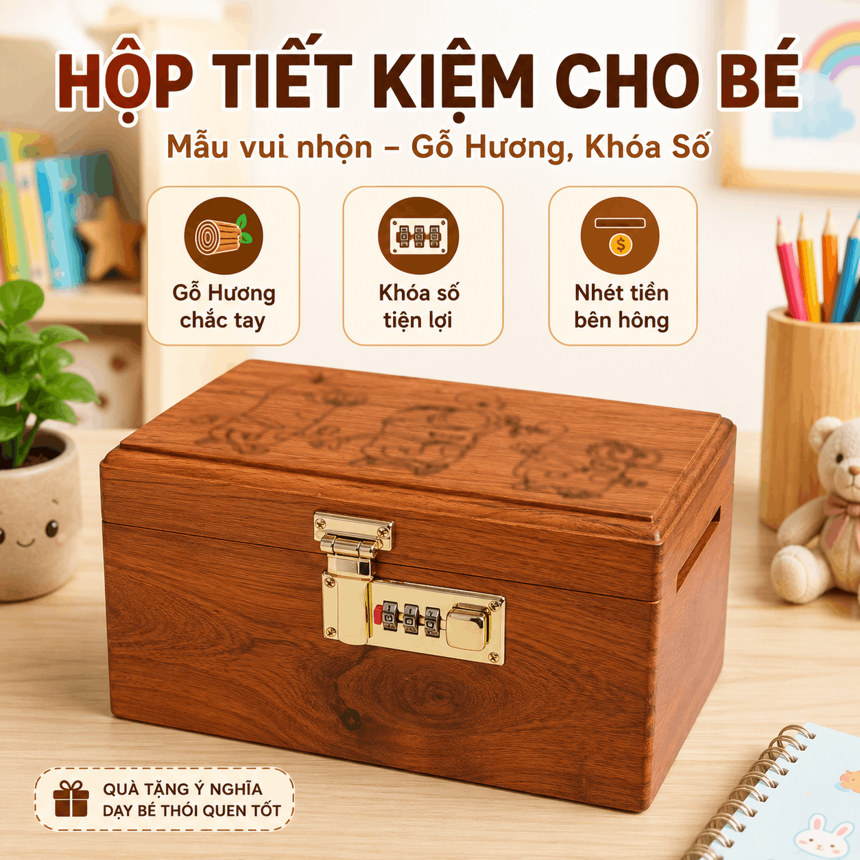 Hộp Tiết Kiệm Cho Bé Mẫu Minions – Gỗ Hương, Khóa Số