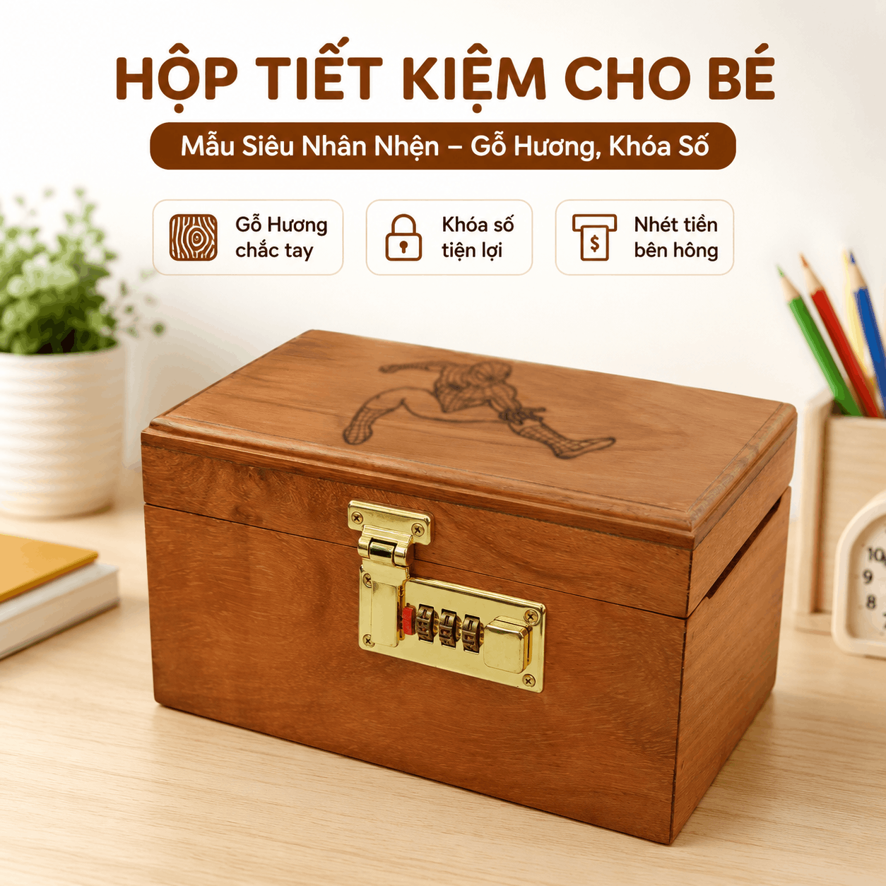 Hộp Tiết Kiệm Cho Bé Mẫu Siêu Nhân Nhện – Gỗ Hương, Khóa Số