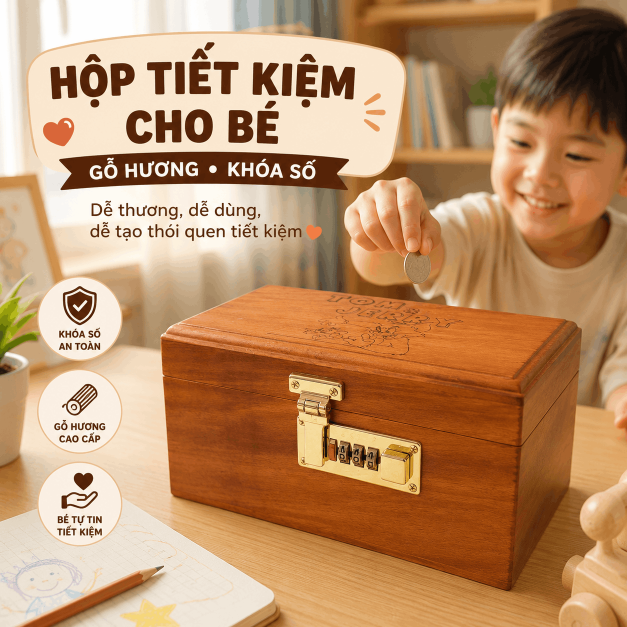 Hộp Tiết Kiệm Cho Bé Mẫu Mèo Và Chuột Dễ Thương – Gỗ Hương, Khóa Số
