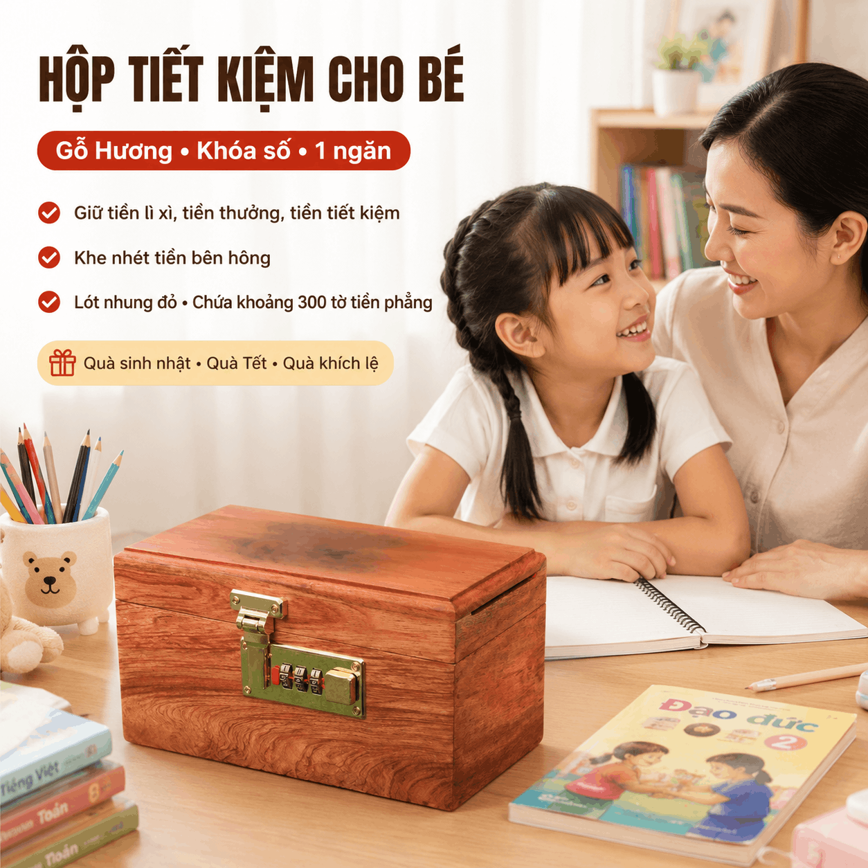 Hộp Tiết Kiệm Cho Bé Mẫu Vịt Donald Và Chuột Mickey – Gỗ Hương, Khóa Số