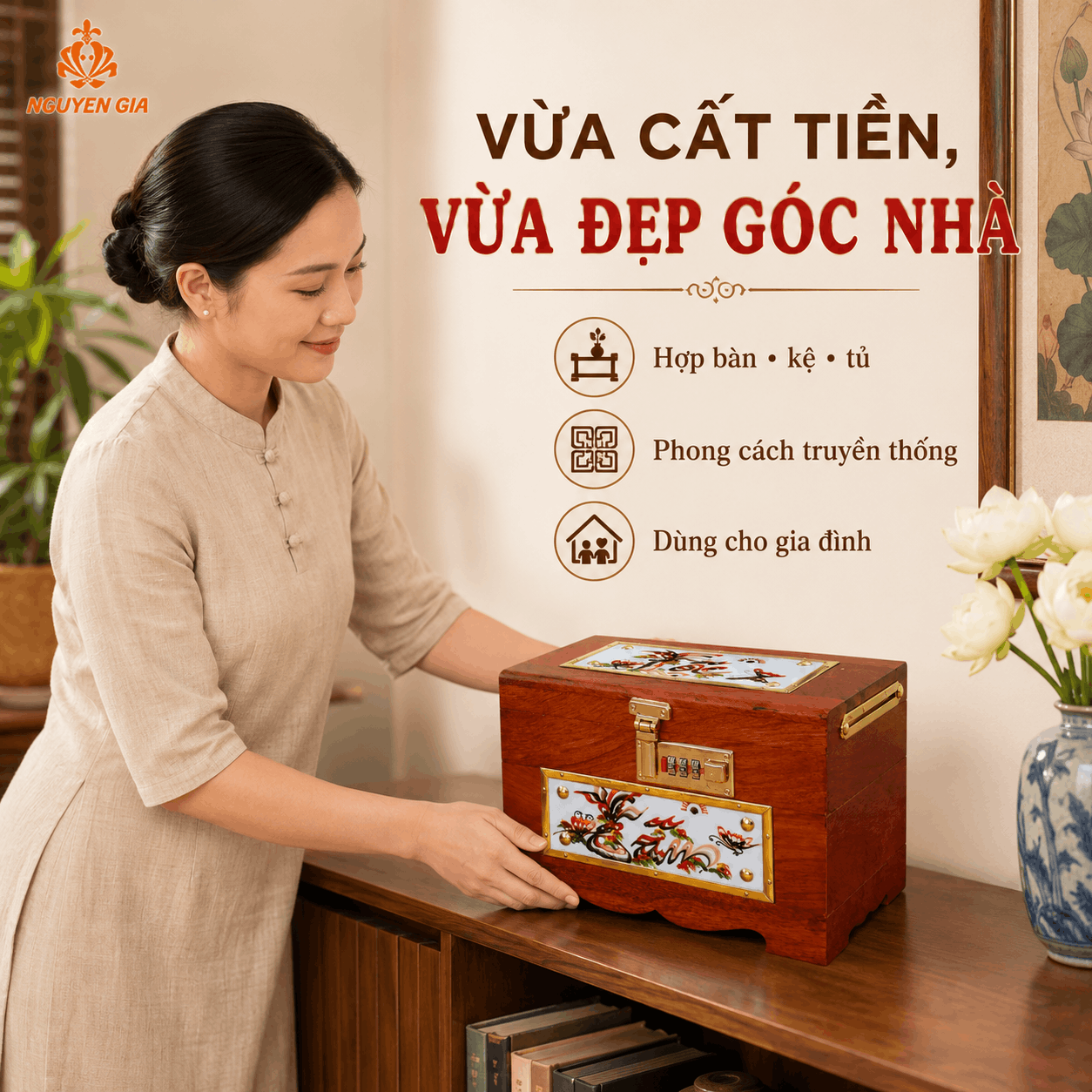Hộp Tiết Kiệm Tâm Đức Lộc Gỗ Hương – Ốp Gốm, Khóa Số