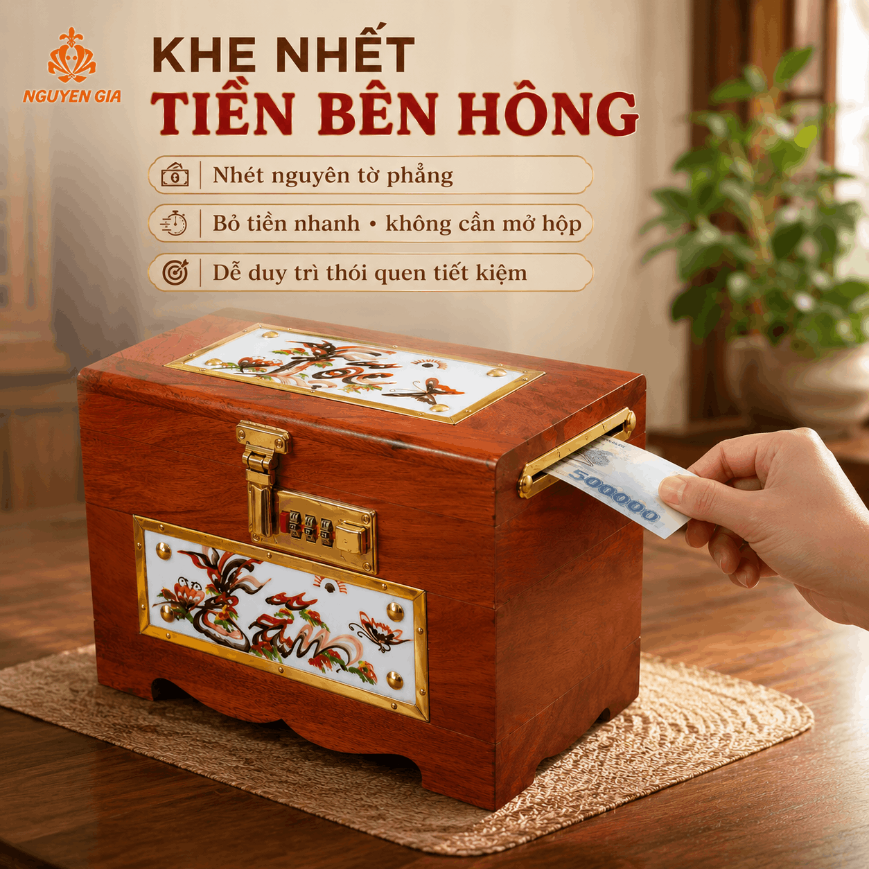 Hộp Tiết Kiệm Tâm Đức Lộc Gỗ Hương – Ốp Gốm, Khóa Số