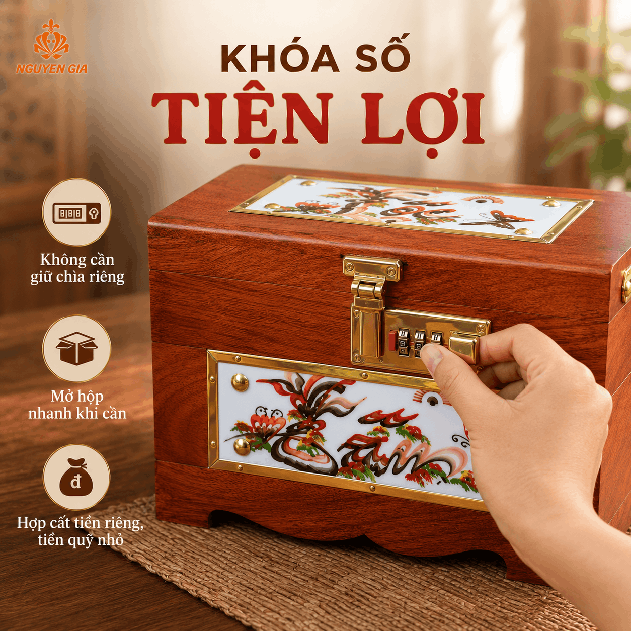 Hộp Tiết Kiệm Tâm Đức Lộc Gỗ Hương – Ốp Gốm, Khóa Số