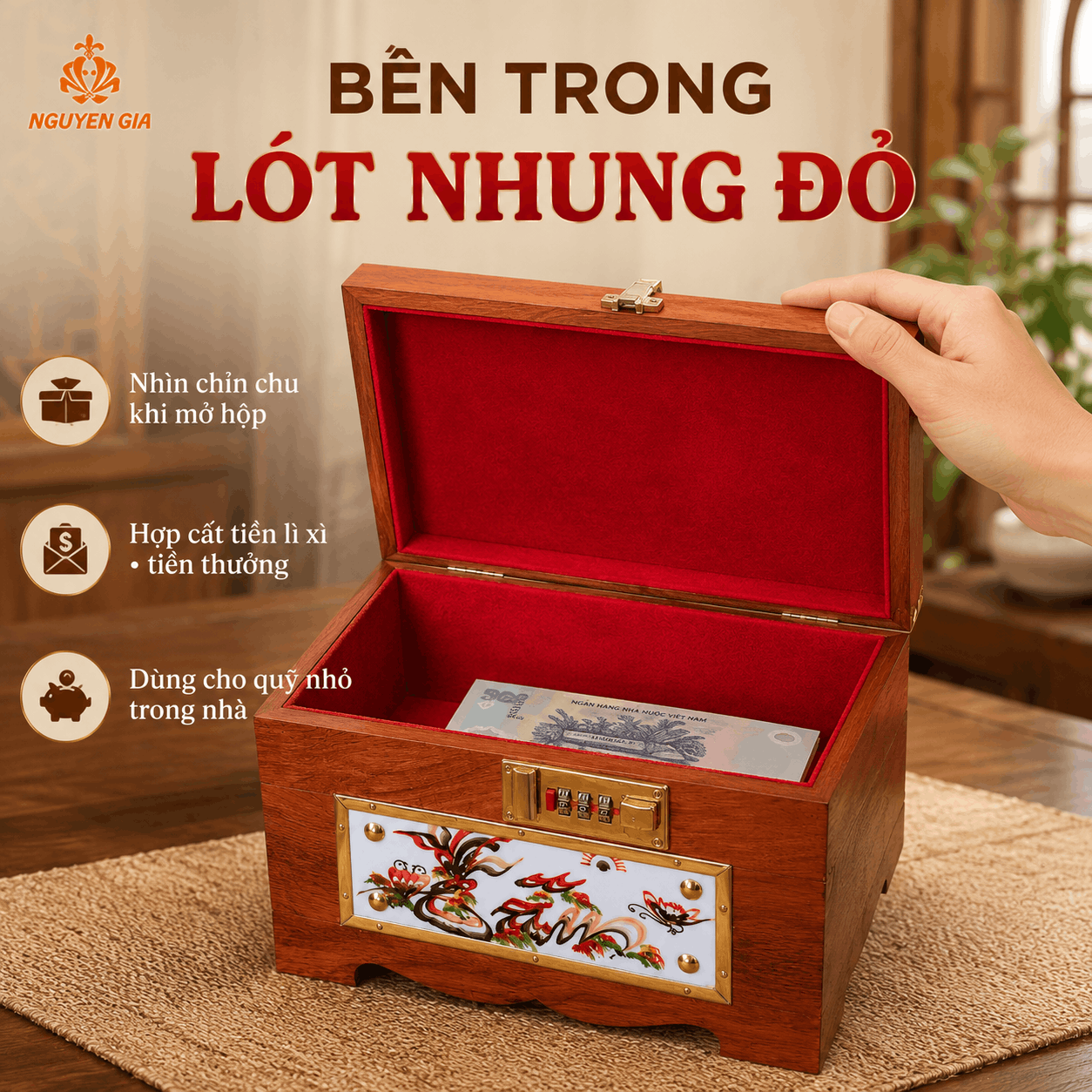 Hộp Tiết Kiệm Tâm Đức Lộc Gỗ Hương – Ốp Gốm, Khóa Số