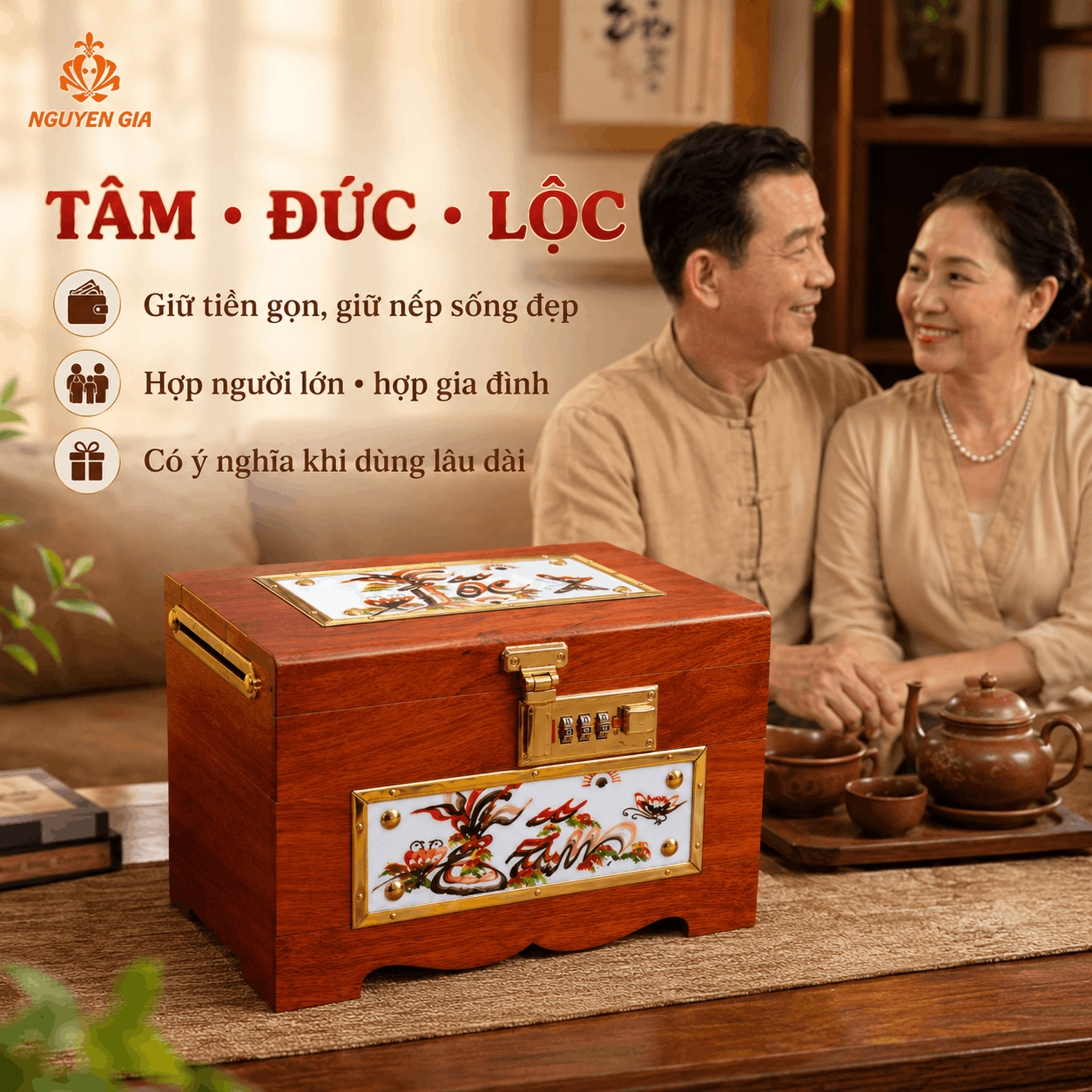 Hộp Tiết Kiệm Tâm Đức Lộc Gỗ Hương – Ốp Gốm, Khóa Số