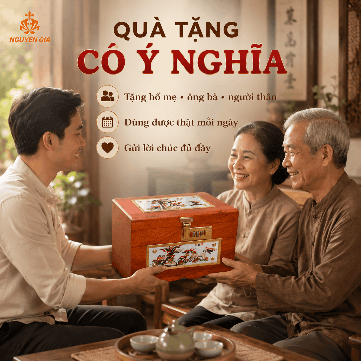 Hộp Tiết Kiệm Tâm Đức Lộc Gỗ Hương – Ốp Gốm, Khóa Số