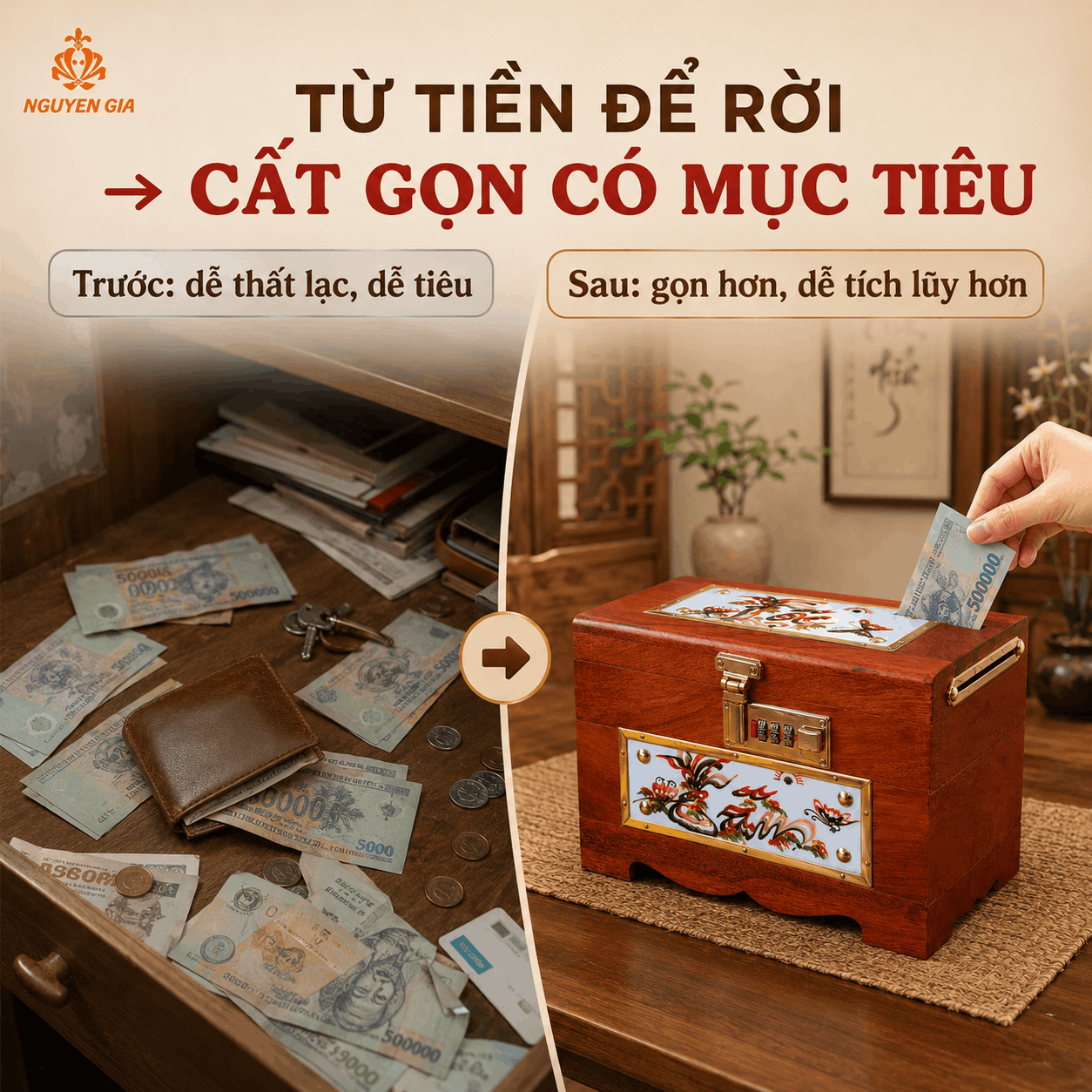 Hộp Tiết Kiệm Tâm Đức Lộc Gỗ Hương – Ốp Gốm, Khóa Số