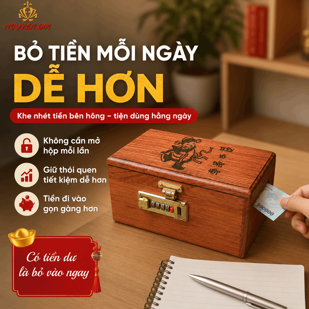 Hộp Tiết Kiệm Thần Tài Bằng Gỗ Hương – Khóa Số, Chứa 300 Tờ