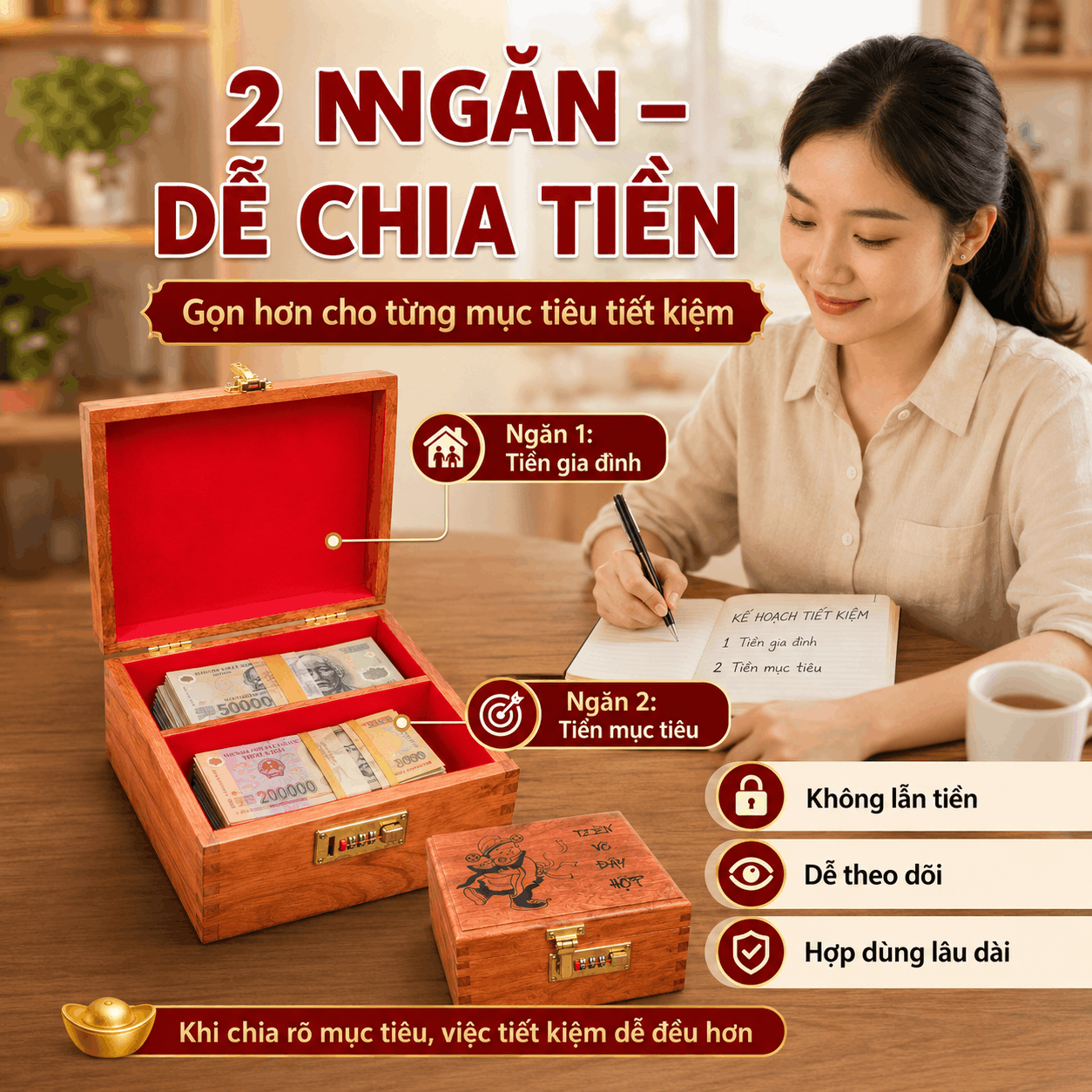 Hộp Tiết Kiệm Thần Tài 2 Ngăn Bằng Gỗ Hương – Khóa Số Cỡ Lớn