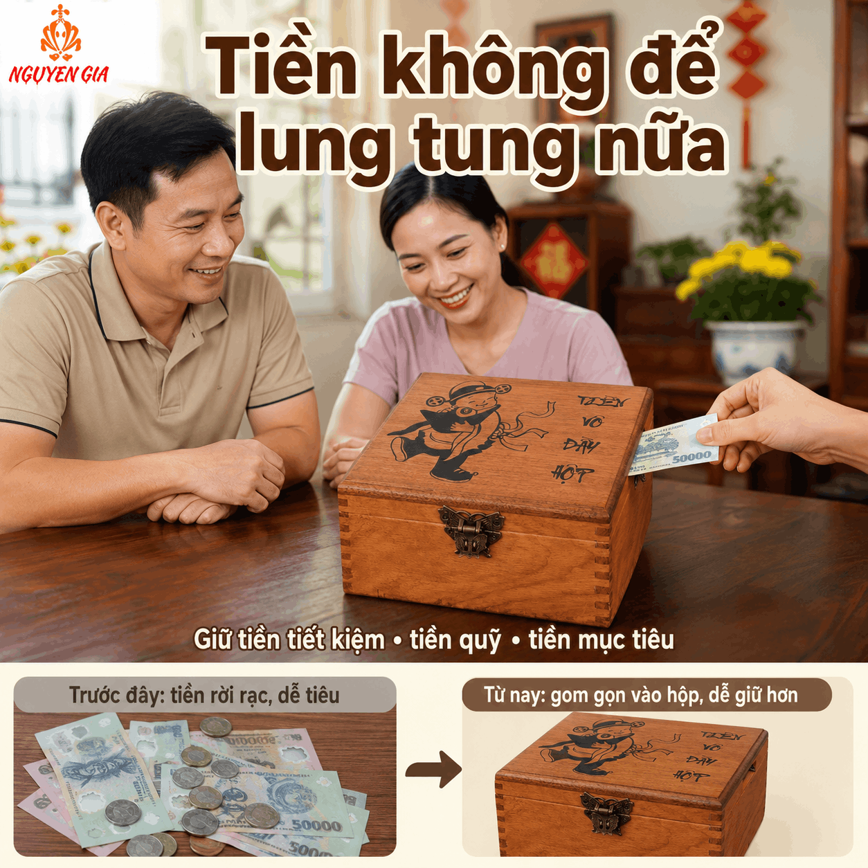 Hộp Tiết Kiệm Thần Tài 2 Ngăn Có Ổ Khóa – Gỗ Hương Cỡ Lớn