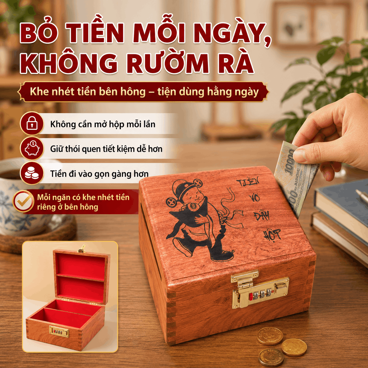 Hộp Tiết Kiệm Thần Tài 2 Ngăn Bằng Gỗ Hương – Khóa Số Cỡ Lớn