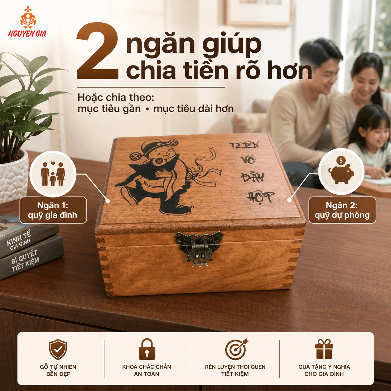 Hộp Tiết Kiệm Thần Tài 2 Ngăn Có Ổ Khóa – Gỗ Hương Cỡ Lớn