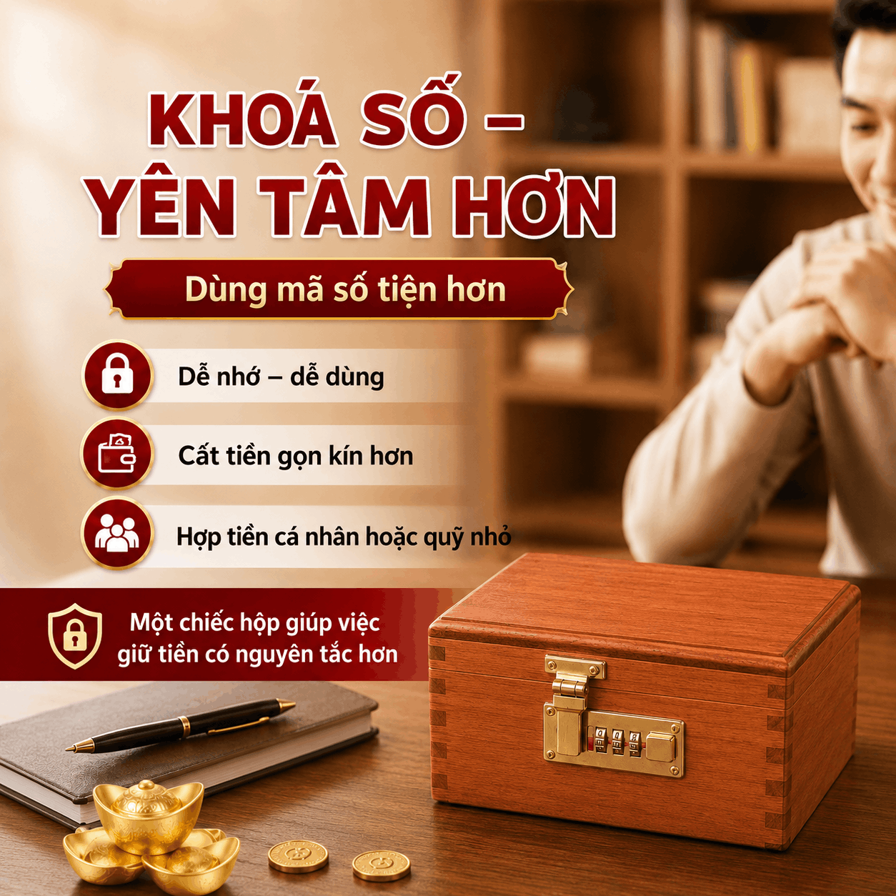 Hộp Tiết Kiệm Thần Tài 2 Ngăn Bằng Gỗ Hương – Khóa Số Cỡ Lớn