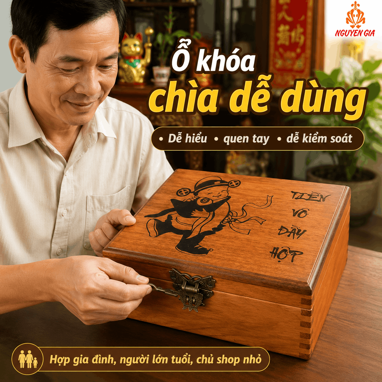 Hộp Tiết Kiệm Thần Tài 2 Ngăn Có Ổ Khóa – Gỗ Hương Cỡ Lớn