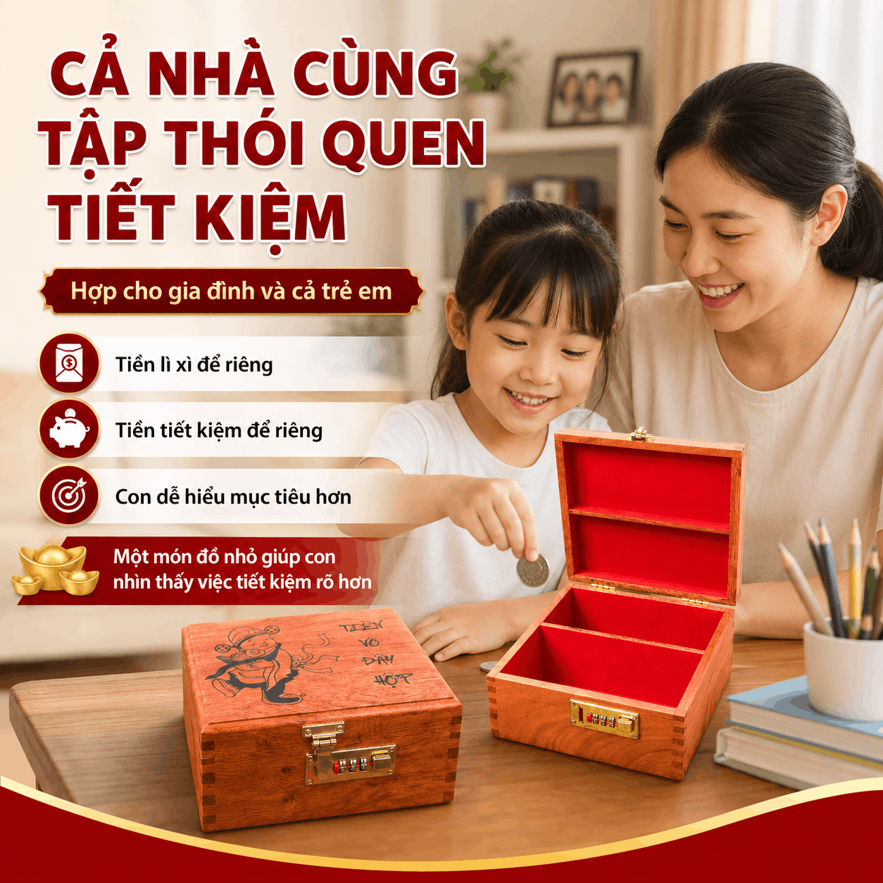 Hộp Tiết Kiệm Thần Tài 2 Ngăn Bằng Gỗ Hương – Khóa Số Cỡ Lớn