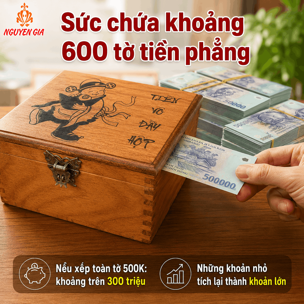 Hộp Tiết Kiệm Thần Tài 2 Ngăn Có Ổ Khóa – Gỗ Hương Cỡ Lớn