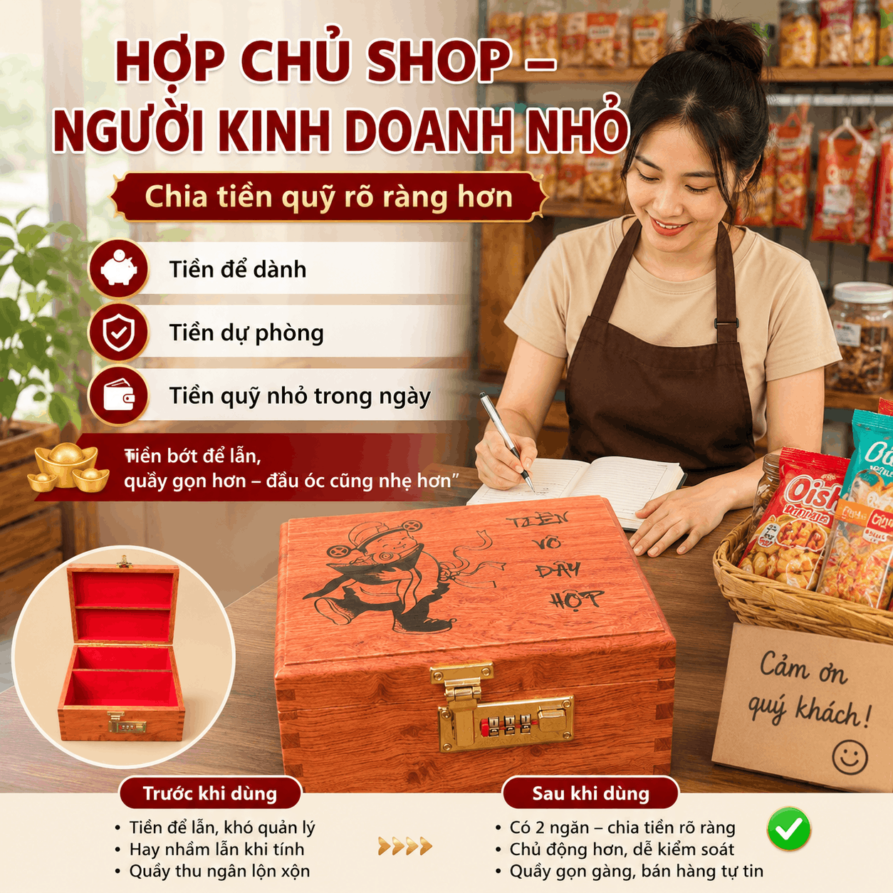 Hộp Tiết Kiệm Thần Tài 2 Ngăn Bằng Gỗ Hương – Khóa Số Cỡ Lớn