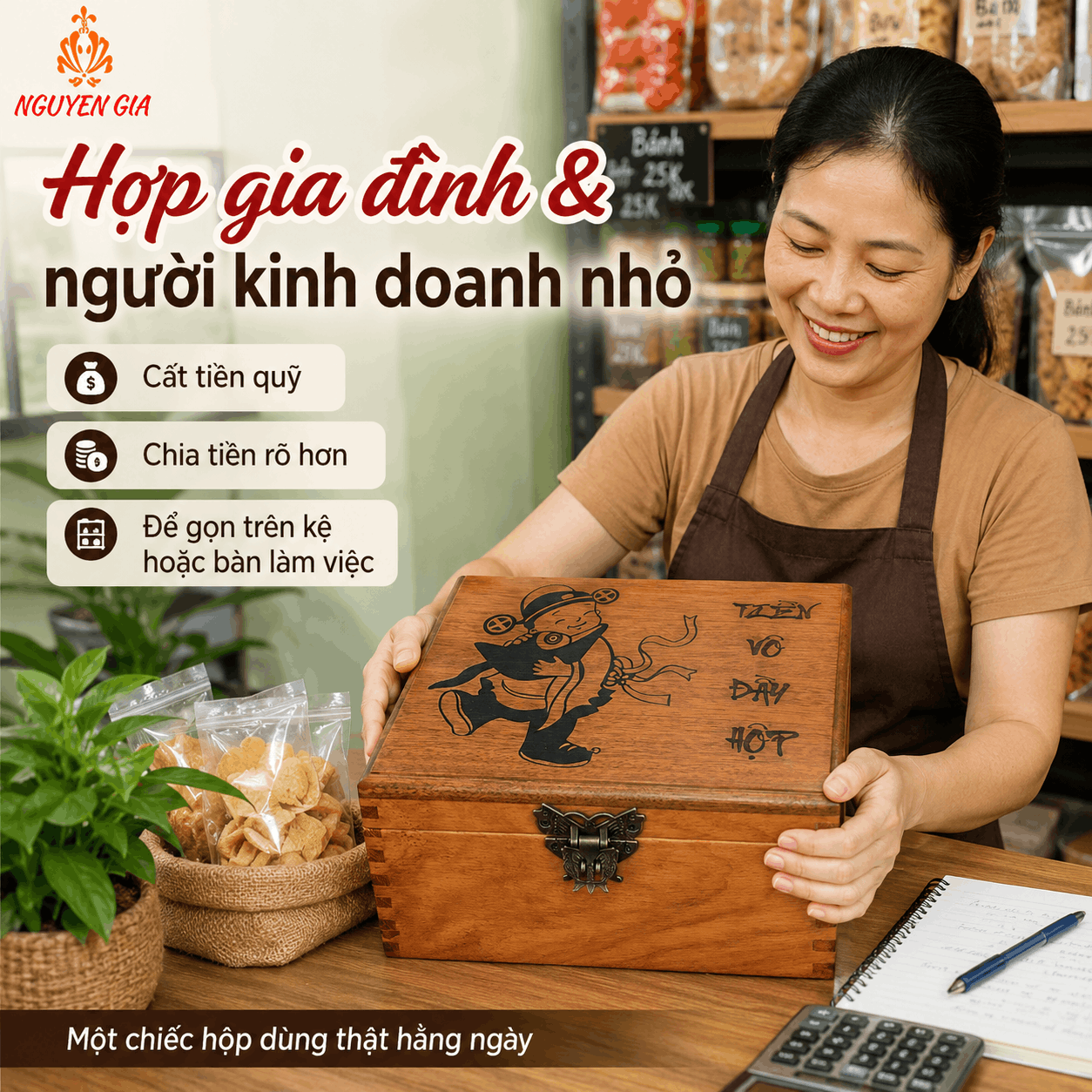 Hộp Tiết Kiệm Thần Tài 2 Ngăn Có Ổ Khóa – Gỗ Hương Cỡ Lớn