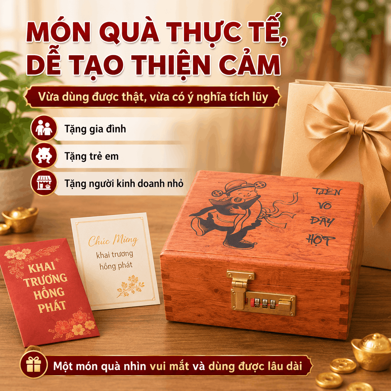 Hộp Tiết Kiệm Thần Tài 2 Ngăn Bằng Gỗ Hương – Khóa Số Cỡ Lớn