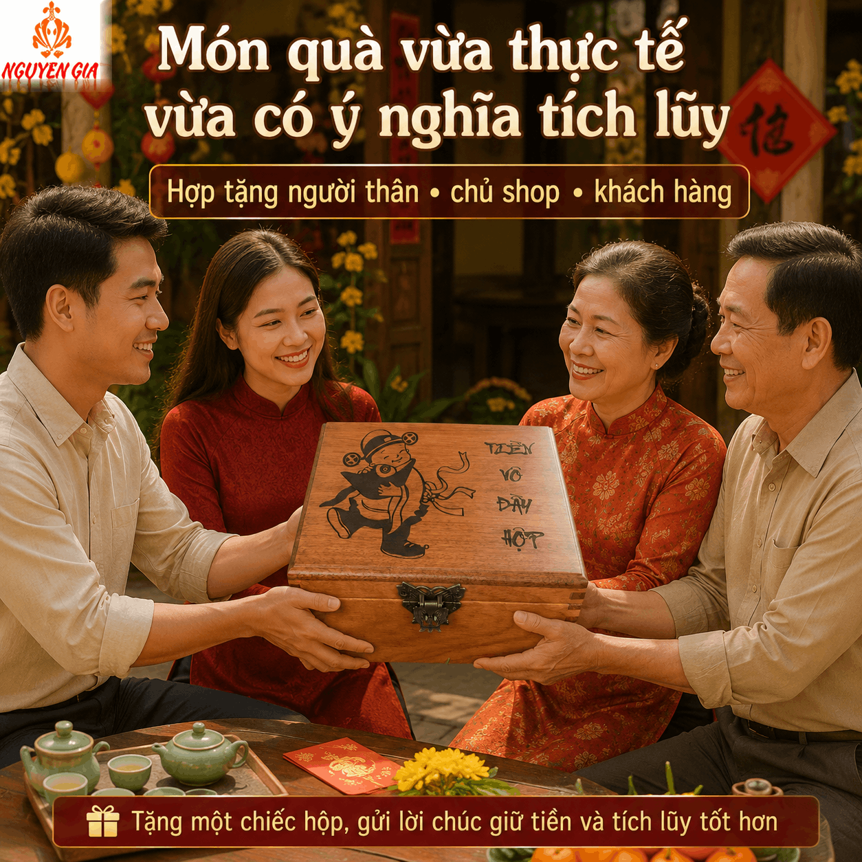 Hộp Tiết Kiệm Thần Tài 2 Ngăn Có Ổ Khóa – Gỗ Hương Cỡ Lớn