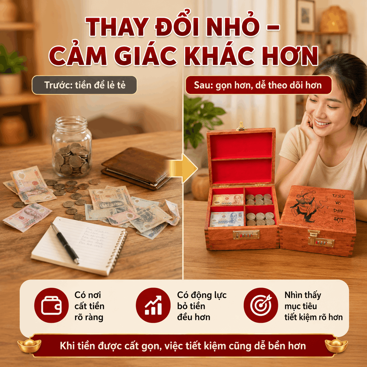 Hộp Tiết Kiệm Thần Tài 2 Ngăn Bằng Gỗ Hương – Khóa Số Cỡ Lớn
