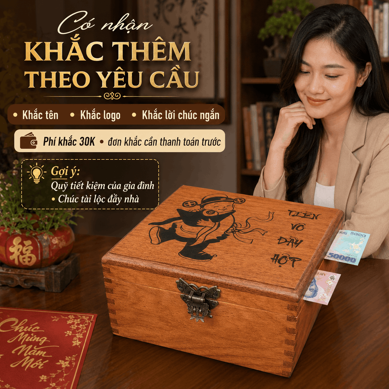 Hộp Tiết Kiệm Thần Tài 2 Ngăn Có Ổ Khóa – Gỗ Hương Cỡ Lớn