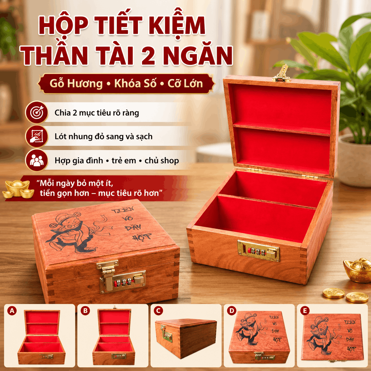 Hộp Tiết Kiệm Thần Tài 2 Ngăn Bằng Gỗ Hương – Khóa Số Cỡ Lớn